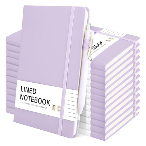 Aodaer 12 Set Lined Notebook Journals with Pens A5 Notebooks 100 GSM College Ruled Hardcover Notebook PU Leather Notepad with Pen Holder for Office School, 5.7 x 8.3 Inches, Lavender - color: Lavender