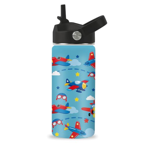 Hiboss Airplane Gifts for Boys, 16oz Kids Blue Water Bottle with Straw Lid, Stainless Steel Insulated Pilot Cup Tumbler, Aviation Lovers Birthday Gifts for School Sport Travel - color: Airplane