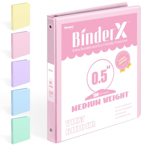 BinderX Extra Durable 3 Ring Binder, Round Rings 0.5 Inch Binder, Fits 100 Sheets of 8.5x11 Paper, Customizable View Cover with Inside Pockets, Cute 0.5" Binders, 1/2 Inch 1 Pack, Pink - color: Pink, size: 0.5 inch