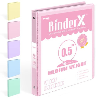 BinderX Extra Durable 3 Ring Binder, Round Rings 0.5 Inch Binder, Fits 100 Sheets of 8.5x11 Paper, Customizable View Cover with Inside Pockets, Cute 0.5" Binders, 1/2 Inch 1 Pack, Pink - color: Pink, size: 0.5 inch