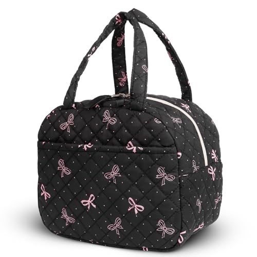 WOBAGMEN Quilted Lunch Box for Women,Coquette Aesthetic Lunch Box for Teen Girls,Cute Floral Lunch Bags for Work, School,Office,Picnic,Travel (black bow polka dots) - color: black bow polka dots