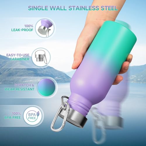 Volhoply 20oz Uninsulated Single Walled Water Bottle, Stainless Steel Reusable Water Bottles with Handle & Carabiner, BPA Free 18/8 304 Sports Water Bottles for Camping Hiking（Purple Green,1） - color: Purple Green