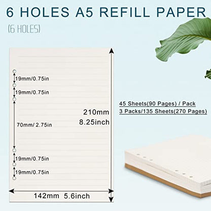 A5 Refill Paper, [3 Pack] Toplive 100GSM Thick Refillable 6 Hole Filler Inserts - 135 Sheets (270 Pages) for 6 Ring Binder Journal Notebook, Lined - style: 3Pack Lined Paper