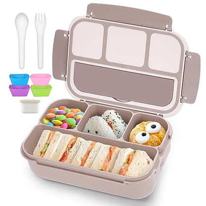 QQKO Bento Box Adult Lunch Box, Lunch Containers for Adults Men Women, Kids Lunch Boxes for School with 4 Compartments, Sauce Container, Utensils and Muffin Cups, Brown - color: Brown