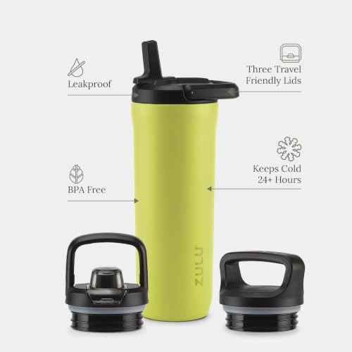 ZULU Base 18oz Kids Stainless Steel Water Bottle with 3 Lids- Straw, Chug, Twist | Double Walled and Vacuum Insulated Metal Thermos | Fits Car Cupholder, Built in Carry Loop, Dishwasher Safe, Guac - color: Guac, style: 18oz