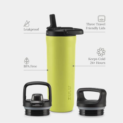 ZULU Base 18oz Kids Stainless Steel Water Bottle with 3 Lids- Straw, Chug, Twist | Double Walled and Vacuum Insulated Metal Thermos | Fits Car Cupholder, Built in Carry Loop, Dishwasher Safe, Guac - color: Guac, style: 18oz