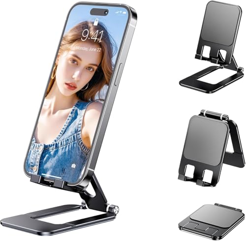 Adjustable Foldable Phone Stand for Desk, Premium Aluminum Cell Phone Holder, Portable Multi-Angle Desktop Stand Compatible with iPhone, Galaxy, iPad, Tablets & All Smartphones