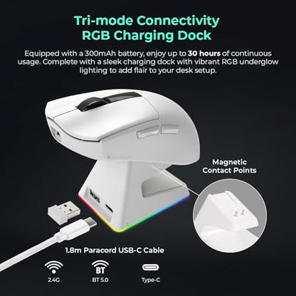 TECWARE EX1 Lightweight Gaming Mouse | 26K DPI Wireless Mouse with OLED Display | 59g Ultra-Light Design | RGB Charging Dock | Tri-Mode Connectivity 2.4GHz/Bluetooth/Wired with Grip Tape | White - color: White