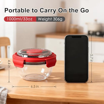 WHALEHOUSE 2-Pack 33 OZ Clear Eco-friendly SK chemicals ECOZEN Salad Container Sets, Portable Plastic Salad Bowls with Lid, Leak-Proof Dressing Container, Bento Lunch Box for Meal Prep & Food Storage - color: Red-2 Pack