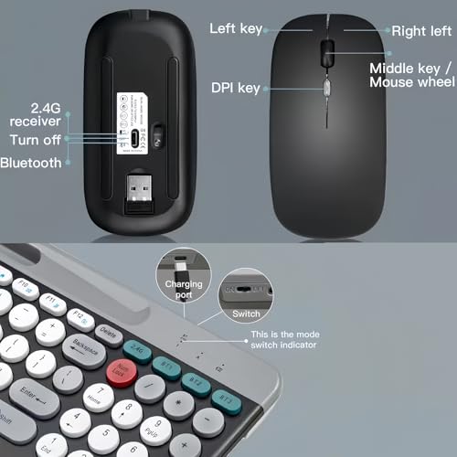 Wireless Keyboard and Mouse Combo with Phone Tablet Holder, Rechargeable Dual-Mode (Bluetooth 5.0 and 3.0 +2.4G) Multi-Device Silent Mouse for Windows, iPad, Tablet, MacOS,iOS,Android (White+Grey) - color: White+Grey