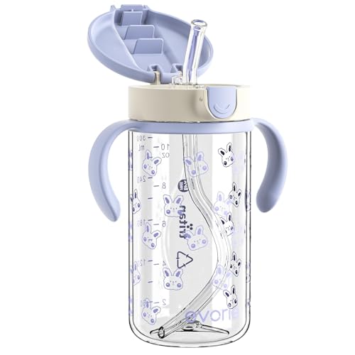Evorie Tritan Spill Proof Toddler Straw Sippy Cup, 10 oz for Baby and Toddlers 1-3 Years Old, No Spill Straw Water Bottle with Removable Handles, Ideal for School, BPA-Free, Blue Rabbit - color: Blue Rabbit