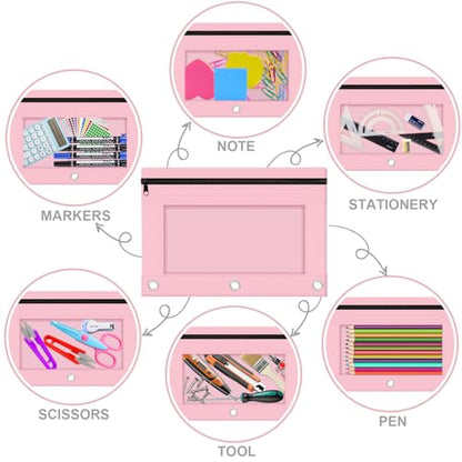 Pencil Pouch for 3 Ring Binder, 2 Pack Pencil Bags with Zipper, Pink Pencil Case for Classroom School Office Supplies, Large Sturdy and Durable Cloth Pencil Pocket for 3 Holder Binder - color: Pink