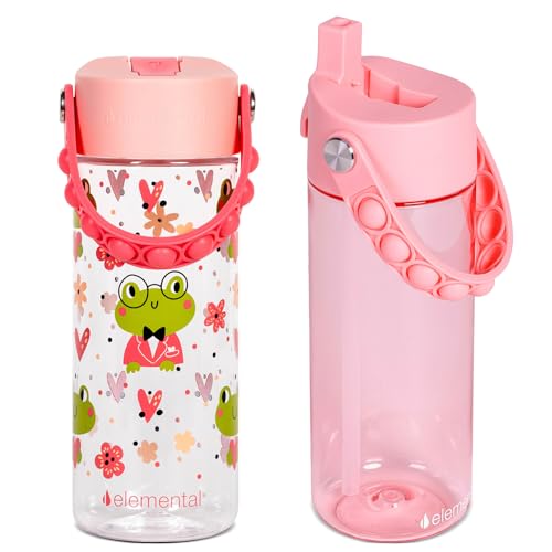 Elemental Leak Proof Water Bottles for Kids - Splash Kids Water Bottle for School with Pop-it Handle - Tritan Plastic Water Bottle with Straw - Fancy Frog Clear & Rose - 18oz (2 Pack) - color: Duo - Clear Frog / Rose
