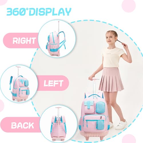 Rolling Backpack for Girls 8-12 Backpack for School Elementary Students with Wheels Lunch Bag Pencil Case Kids Backpacks for Girls Primary School - color: Solid Pink