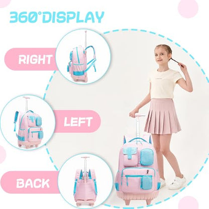 Rolling Backpack for Girls 8-12 Backpack for School Elementary Students with Wheels Lunch Bag Pencil Case Kids Backpacks for Girls Primary School - color: Solid Pink