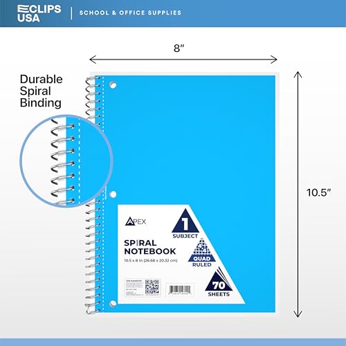 E-CLIPS USA Graph Paper Notebook Spiral Graph Paper Notebook Grid Notebook Quad Ruled Notebook 70 Sheets 140 Pages 8" x 10.5" 4x4 Square Per Inch (48 Pack) - size: 48 Pack