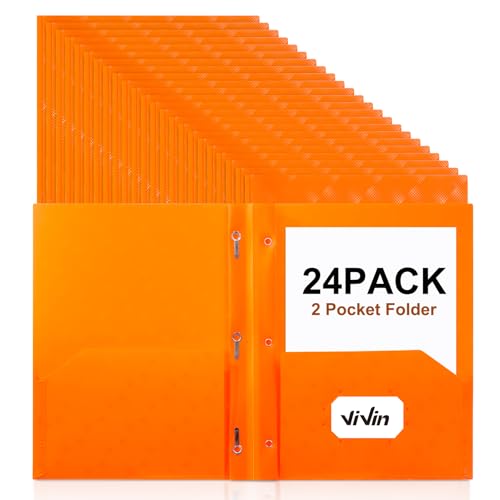ViVin Plastic Folders with Pockets and Prongs,24 Pack,Heavy Duty 2-Pocket File Folder with 3 Fasteners,Fits Letter Size Paper,for School Home and Office(Bright Orange) - color: Bright Orange, size: 24 PACK