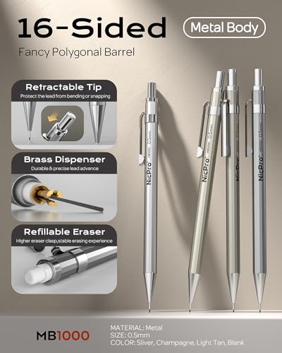 Nicpro 4 Pack Mechanical Pencil 0.5 mm with Case, MB1000 Metal Mechanical Pencil Set with 6 Tube HB #2 Lead Refill 0.5mm, 3PCS 4B Eraser, 9 Cap Eraser for Artist Drafting Writing, Sketching, Drawing | 6 Tube HB #2 Lead Refill 0.5mm, 3PCS 4B Eraser, 9 Cap