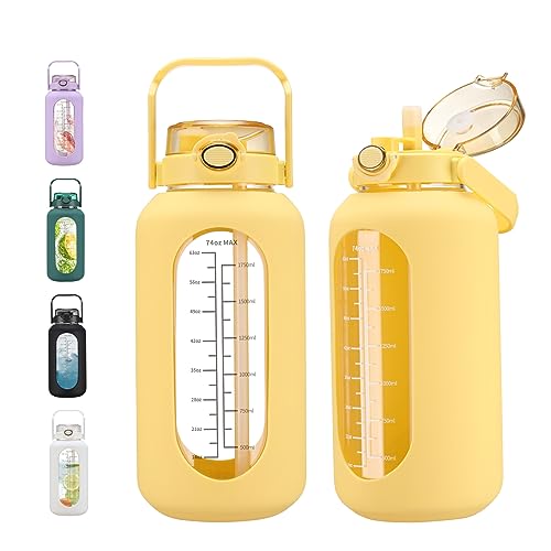 chunmo 74 oz Glass Water Bolttles with Straw Large Motivational Water Bottle with Time Marker Sports Water Bottles with Silicone Sleeve and Handle Lid 2.2L Water Jug for Gym Workout - color: Yellow