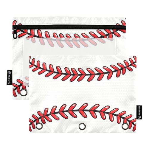 Pencil Pouch 3 Ring Baseball Lace Red Stitches Zipper Pencil Pouches Case Binder Cosmetic Bag 2 Pack for Office School College Supplies - color: Baseball Lace Red Stitches