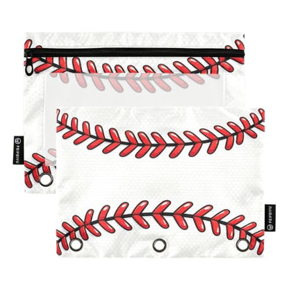Pencil Pouch 3 Ring Baseball Lace Red Stitches Zipper Pencil Pouches Case Binder Cosmetic Bag 2 Pack for Office School College Supplies - color: Baseball Lace Red Stitches