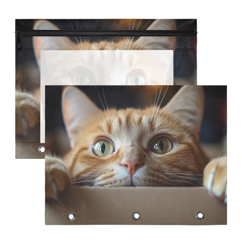 Pencil Pouch for 3 Ring Binder Orange Cat 2 Pack Large Pencil Case Pouch with Zipper & Grommets, Clear Binder Bag, School Office Supplies