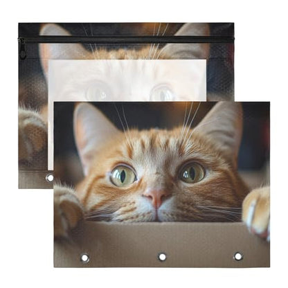 Pencil Pouch for 3 Ring Binder Orange Cat 2 Pack Large Pencil Case Pouch with Zipper & Grommets, Clear Binder Bag, School Office Supplies