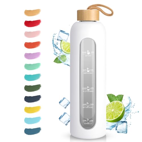 Sursip 32 oz Glass Water Bottle, Time Marker with Silicone Sleeve & Lid | 1 Liter BPA-Free Motivational Bottle, Leak-Proof Dishwasher Safe - color: Milky White