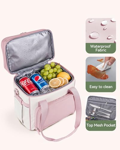 HOMESPON Double Layer Lunch Bag for Women Men, 14L Large Insulated Lunch Box with Shoulder Strap, Expandable Cooler Tote with Cup Holder for Work Office Picnic, Pink - color: Pink