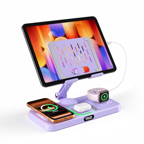 Magnetic Charging Station for Apple Multiple Devices, Wireless Charger with Clock & Light, Foldable Wired Charging Stand for iPad/Tab, Mag-Safe Charger for iPhone 17, for Apple Watch for AirPods - color: Purple