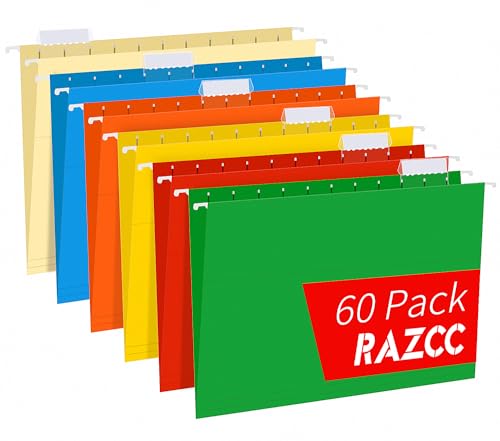 Hanging File Folders, RAZCC 60 Pack Reinforced Hanging Folders Letter Size, Designed for Bulky Files, Filing Cabinet, Adjustable Tabs, Assorted Colors - size: No expansion