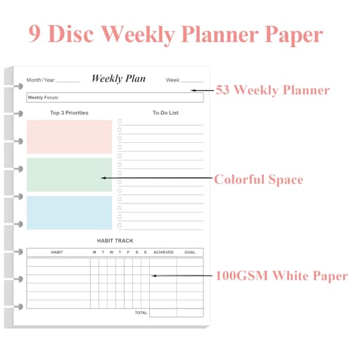 9 Disc Weekly Planner Undated Refills - Classic Size 53 Sheets/106 Pages Colorful Weekly Planner for Happy Planners Insert, 100 gsm White Paper, Lasts 1 Year, Undated, 7" x 9.25" - size: 1-Pack, style: 9-Disc/Classic Size