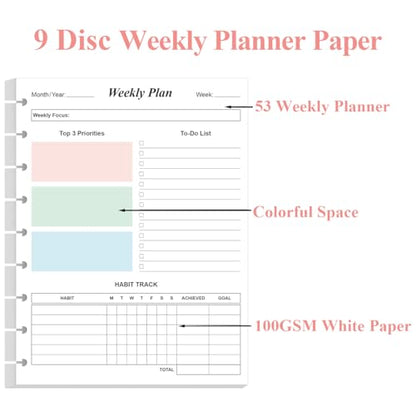 9 Disc Weekly Planner Undated Refills - Classic Size 53 Sheets/106 Pages Colorful Weekly Planner for Happy Planners Insert, 100 gsm White Paper, Lasts 1 Year, Undated, 7" x 9.25" - size: 1-Pack, style: 9-Disc/Classic Size