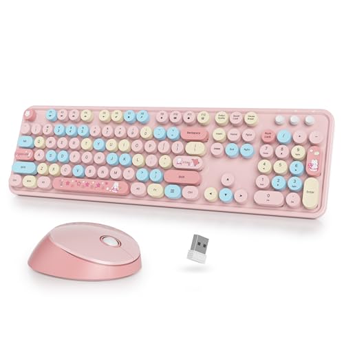 Wireless Keyboard and Mouse Set, Retro Typewriter, 2.4GHz Full Size 104-Key Cute Keyboard with Number Pad, Colorful Keyboard with Round Keycaps for Windows PC Laptop(Strawberry) - color: Pink