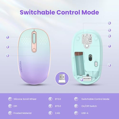 TECKNET Wireless Mouse,Bluetooth Mouse (BT5.3/5.0 & 2.4G) with USB Receiver Silent Optical Computer Mice，Wide Compatibility - color: Gradient