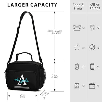 Custom Student Lunch Bag for Boys Girls Black Solid Color Personalized Name Lunch Box Insulated Cooler Bag for School Picnic Office - color: Multi01