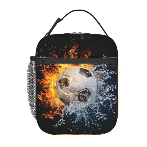 Insulated Durable Football Lunch Box with Shoulder Strap, Kids Adult Fire And Water Soccer School Lunch Bag, Lunch Tote Box Bag for Office School Picnic Beach Travel - color: Football