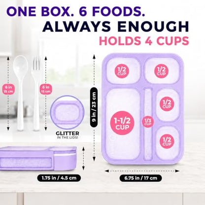 kinsho Glitter Lunch Box Bento-Boxes for Girls, Meal and Snack Containers for Toddler Daycare, School, Travel, 6 Divided Sections, Cute Bentobox, Leak-Resistant, Utensils, Purple Lilac Sparkle - color: Purple Glitter
