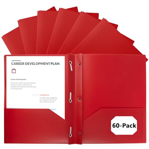 Plastic Folders with Pockets and Prongs,2-Pocket Folders with 3 Fasteners, Holds 8-1/2" x 11" Paper, Pastel Color (Bright Red, 60-Pack) - color: Bright Red, size: 60-Pack