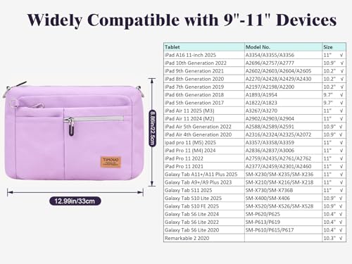 TiMOVO 9-11" Anti-Theft Tablet Sleeve with Strap for iPad, Purple | Anti-Theft Design Tablet Bag with Shoulder Strap, Fits iPad 10.9"/10.2", Air 11/5th/4th Gen 10.9", Galaxy Tab A9+ 11" - color: Purple