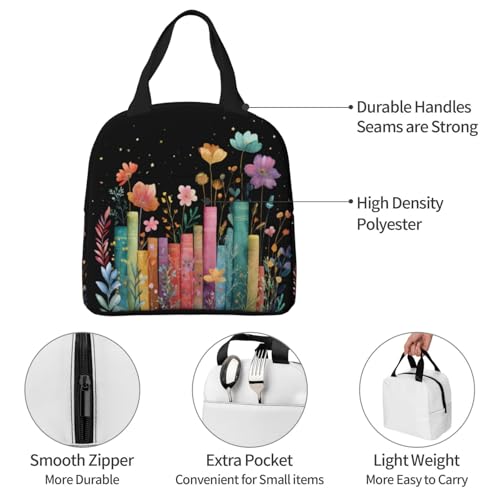 Lunch Bag Books Flower Botanical Insulated Lunch Box Reusable Cooler Tote for Adults Student Girl Boy Work Office School Picnic Over 3 Years Old - color: B0385