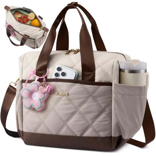LOVEVOOK Insulated Lunch Bag Women, Adult Lunch Box for Women Work, Large Leakproof Cooler lunch Bags for Picnic Beach Family College, Lunch Teacher Tote Bag with Adjustable Shoulder Strap Cup Holder - color: cream-nude-light brown, size: X Large —18L