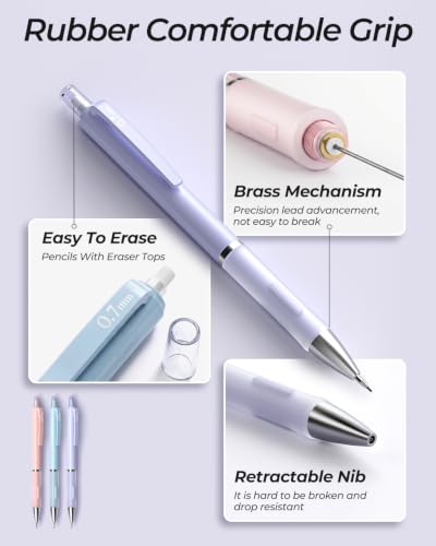 Nicpro 3PCS Cute Mechanical Pencil Set with Case, 0.7 mm Pencils with 6 Tube HB Lead Refill, 3PCS Eraser, 9PCS Eraser Refill for School Supplies Student Writing, Drafting Drawing Sketching - style: 3 Pack (0.7mm)