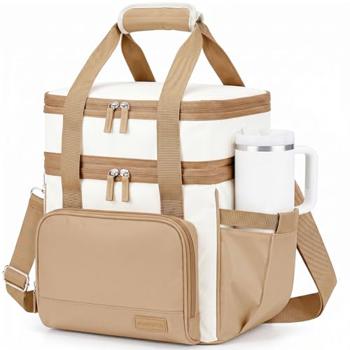 HOMESPON Double Layer Lunch Bag for Women Men, 14L Large Insulated Lunch Box with Shoulder Strap, Expandable Cooler Tote with Cup Holder for Work Office Picnic, Brown - color: Brown