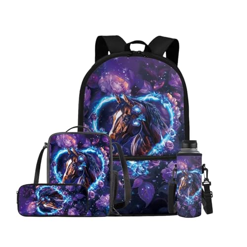 Horse Backpack for Girls Kids Backpack with Lunch Box Water Bottle Holder and Aesthetic Pencil Case 4PCS Set Bookbag with Front Pocket for School Teens 17" Sturdy School Bag with Side Pocket - color: Purple Rose and Horse