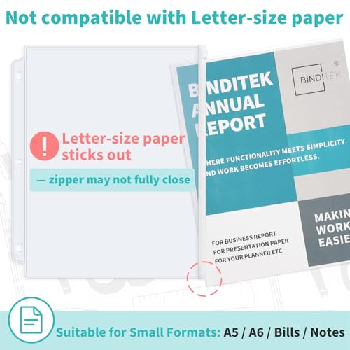 Binditek 10 Pack Plastic Zippered Binder Pockets, 3-Hole Punched for 3 Ring Binder, Clear PVC with White Zippers, Waterproof Loose Leaf Bag Pouch for Document Filing and Storage