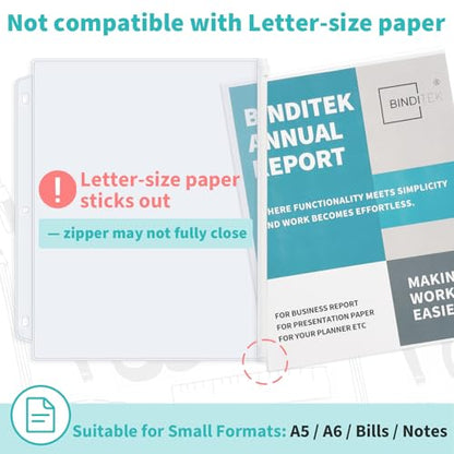 Binditek 10 Pack Plastic Zippered Binder Pockets, 3-Hole Punched for 3 Ring Binder, Clear PVC with White Zippers, Waterproof Loose Leaf Bag Pouch for Document Filing and Storage