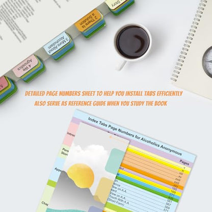 Upgraded Index tabs for Alcoholics Anonymous: The Big Book 4th Edition,90 Book Tabs, Color-Coded with Alignment Card & Page Numbers Sheet & Bookmark, Laminated Durable, Book Not Included