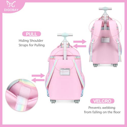 DIGOBAY Rolling Backpack for Girls, Cute Roller School Bag with Wheels, Kids Wheeled Backpacks Set with Lunch Bag Pencil Case for Teen Girls Kindergarten Elementary Middle School - color: Pink-blue