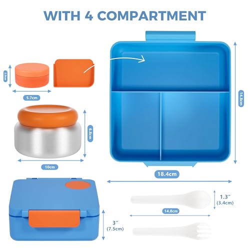 FOOYOO Bento Lunch Box Set for Kids & Adults, Leakproof 4-Compartment Container with Insulated Stainless Steel Food Jar, Utensils, BPA-Free, Microwave & Dishwasher Safe for School Work Travel（Blue） - color: Blue